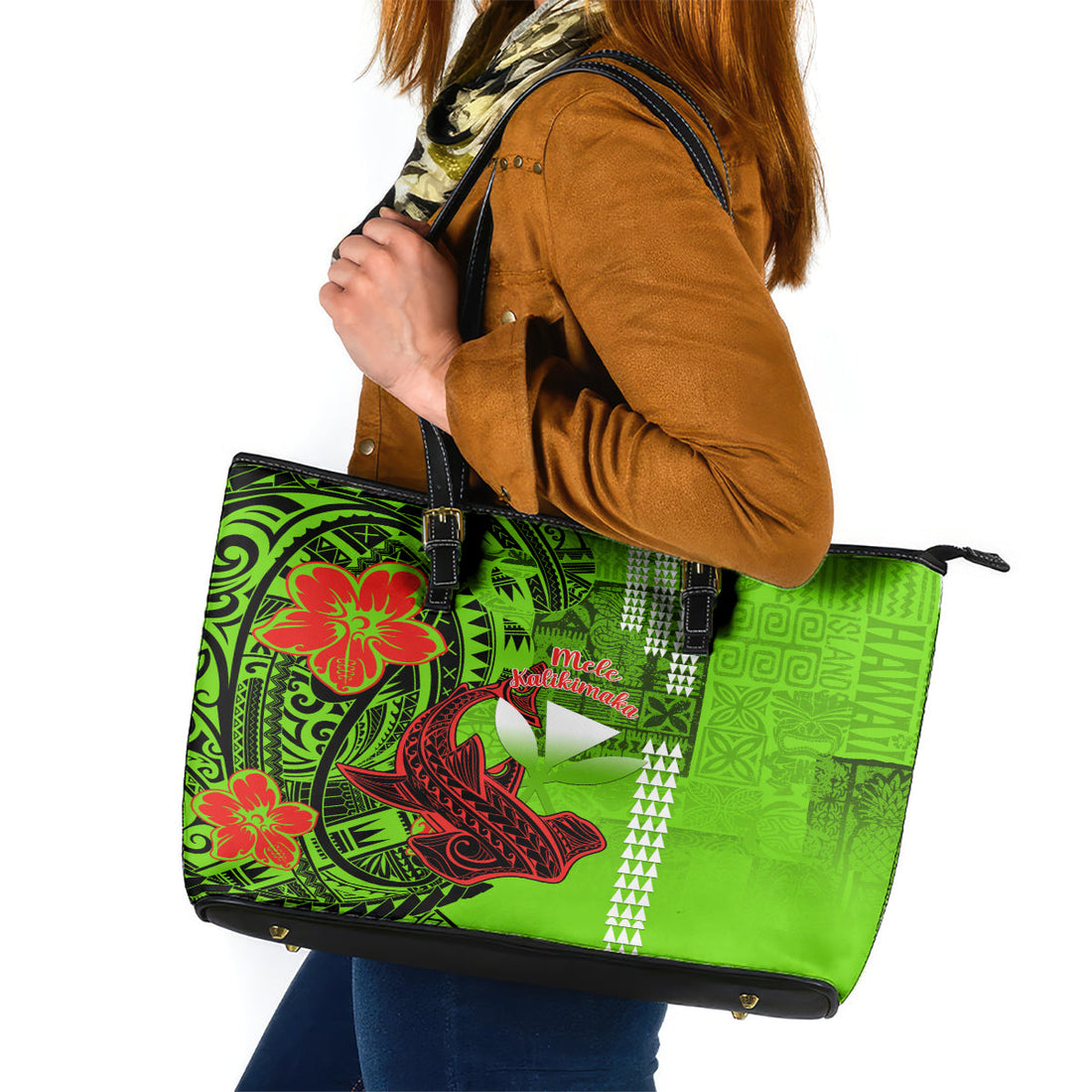 Personalised Hawaii Christmas Leather Tote Bag Mele Kalikimaka Kakau Polynesian Shark Tattoo LT14