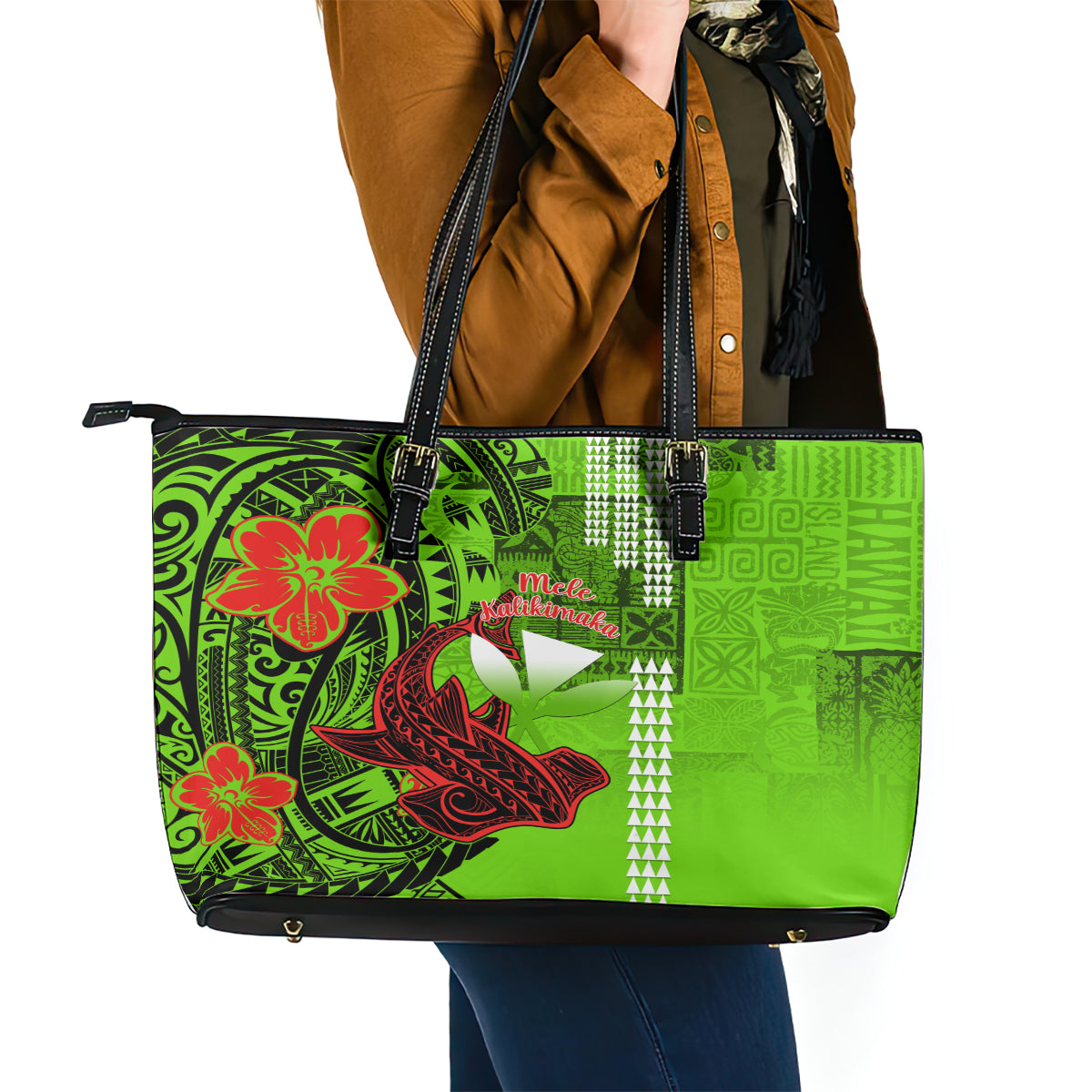 Personalised Hawaii Christmas Leather Tote Bag Mele Kalikimaka Kakau Polynesian Shark Tattoo LT14
