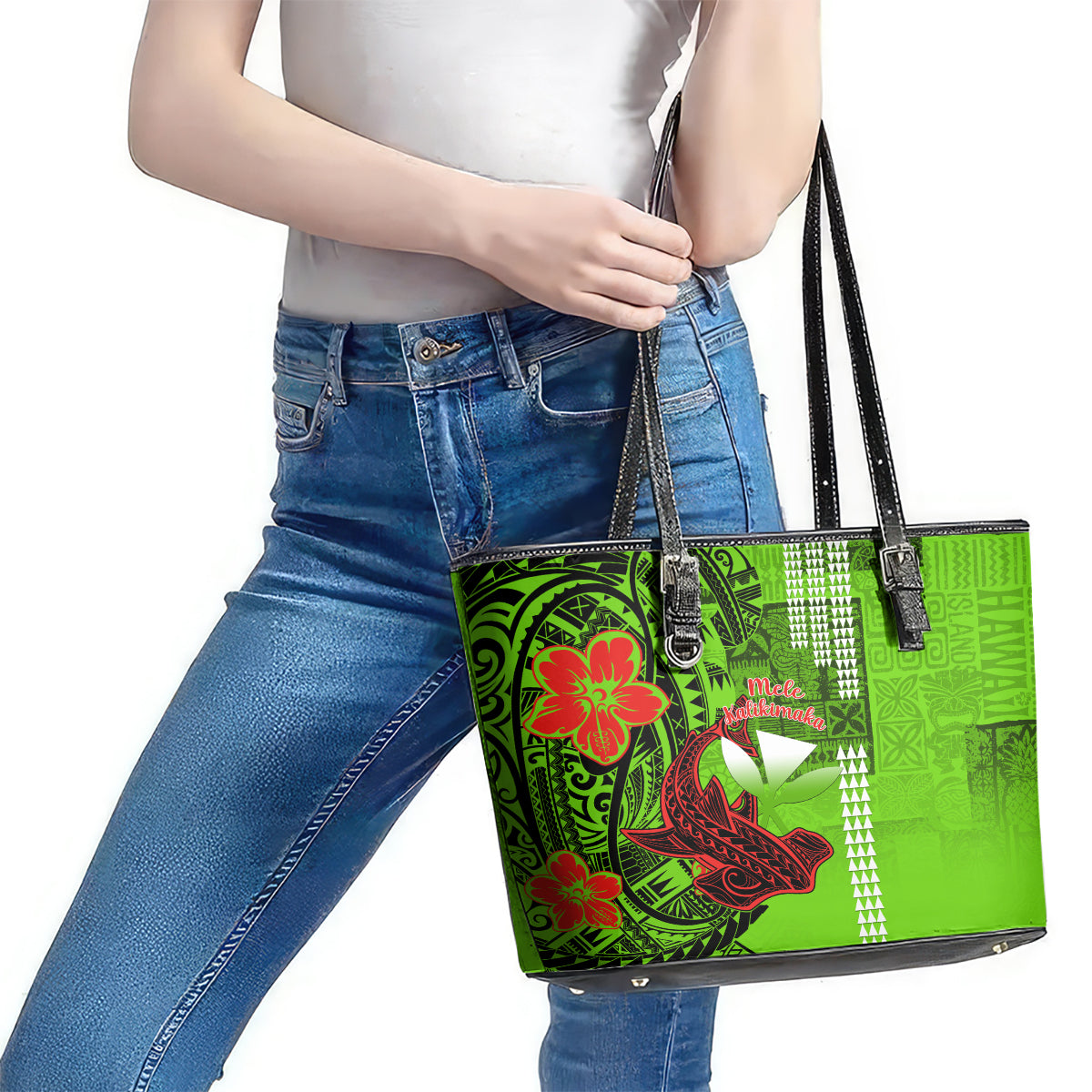 Personalised Hawaii Christmas Leather Tote Bag Mele Kalikimaka Kakau Polynesian Shark Tattoo LT14