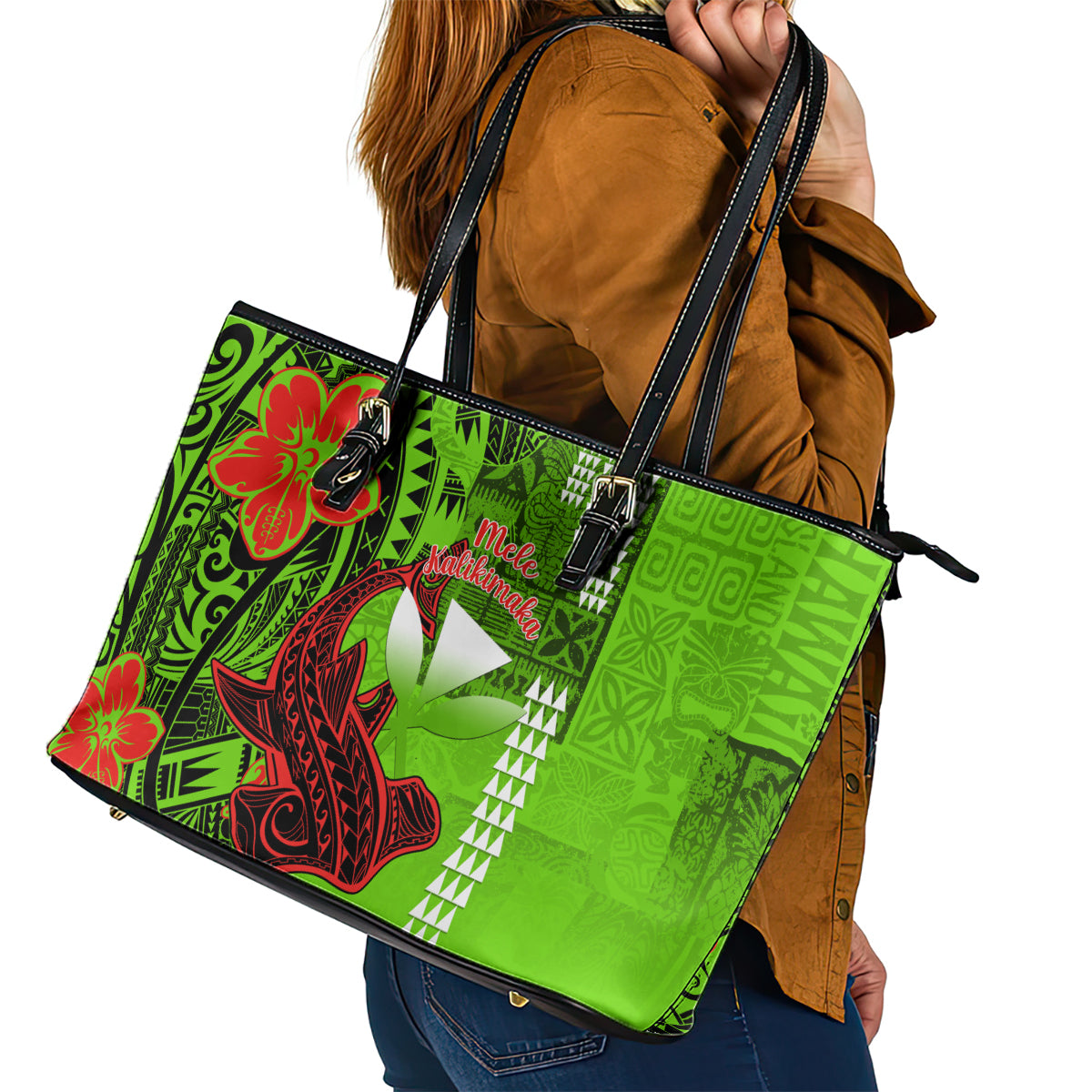 Personalised Hawaii Christmas Leather Tote Bag Mele Kalikimaka Kakau Polynesian Shark Tattoo LT14