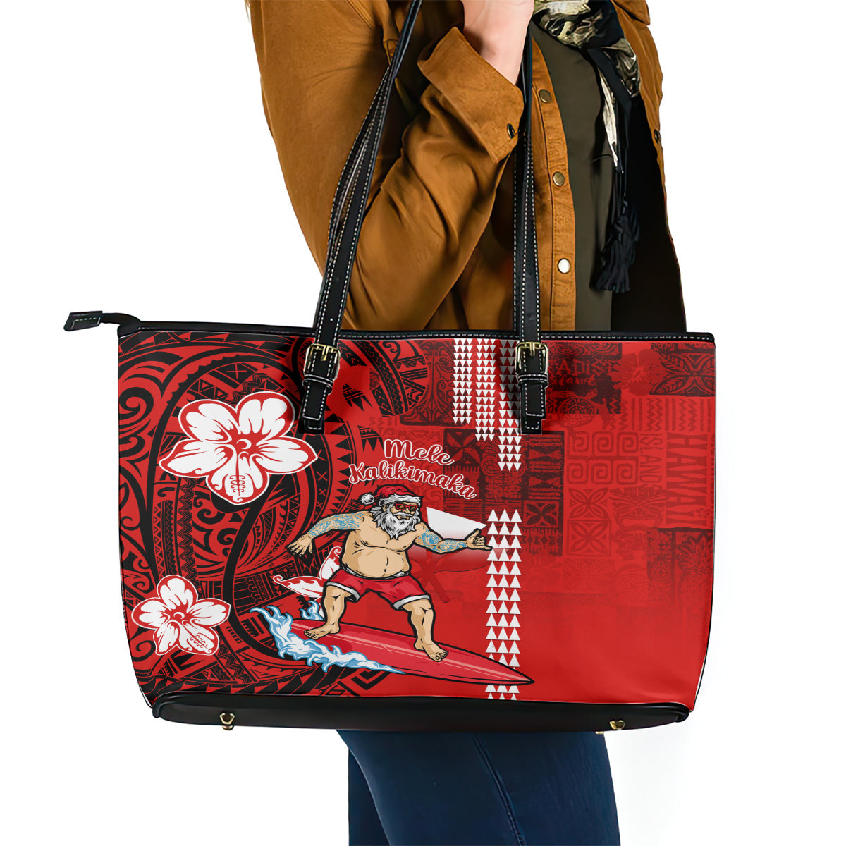 Personalised Hawaii Christmas Leather Tote Bag Mele Kalikimaka Surfing Santa Claus LT14