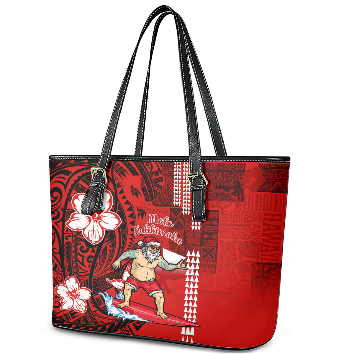 Personalised Hawaii Christmas Leather Tote Bag Mele Kalikimaka Surfing Santa Claus LT14