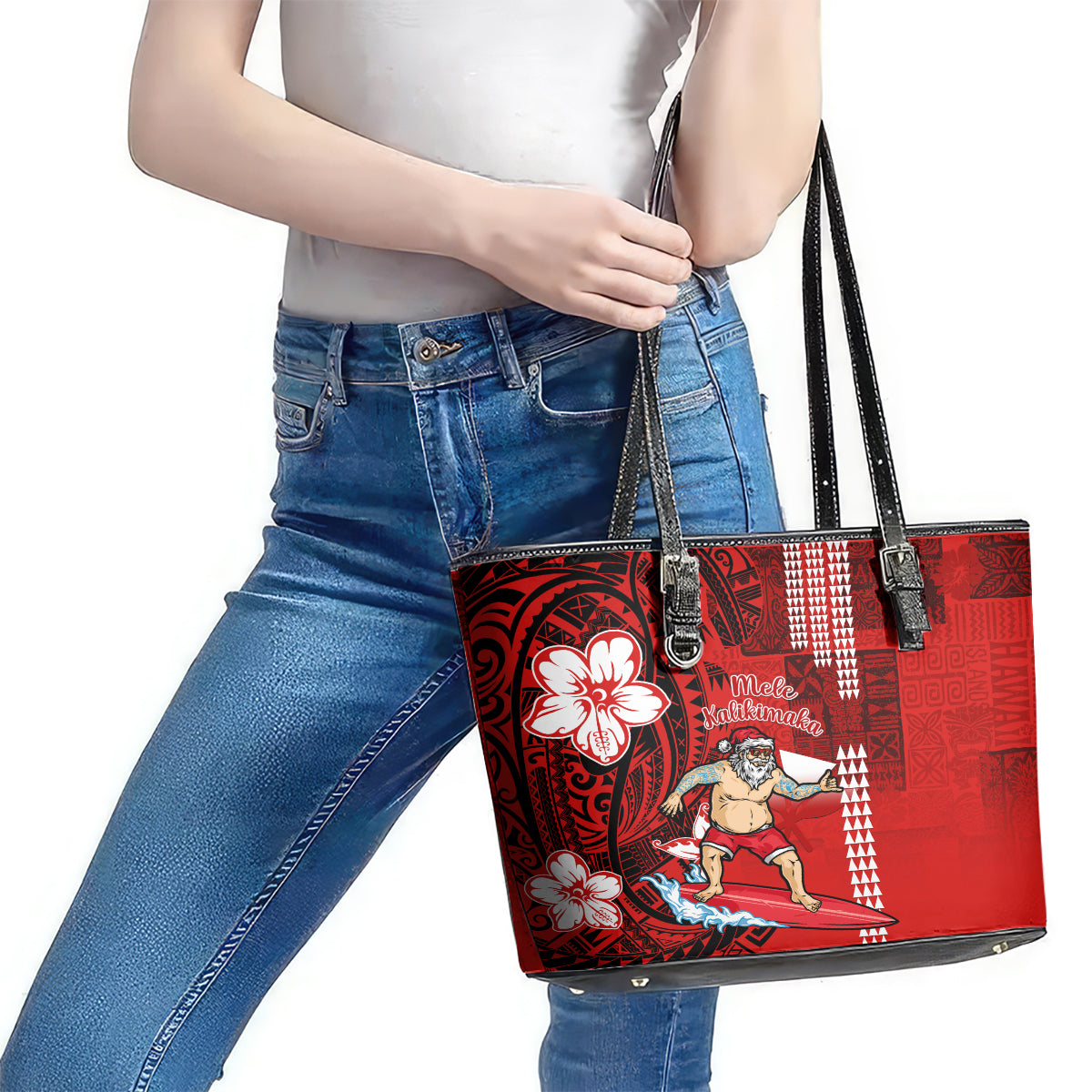 Personalised Hawaii Christmas Leather Tote Bag Mele Kalikimaka Surfing Santa Claus LT14