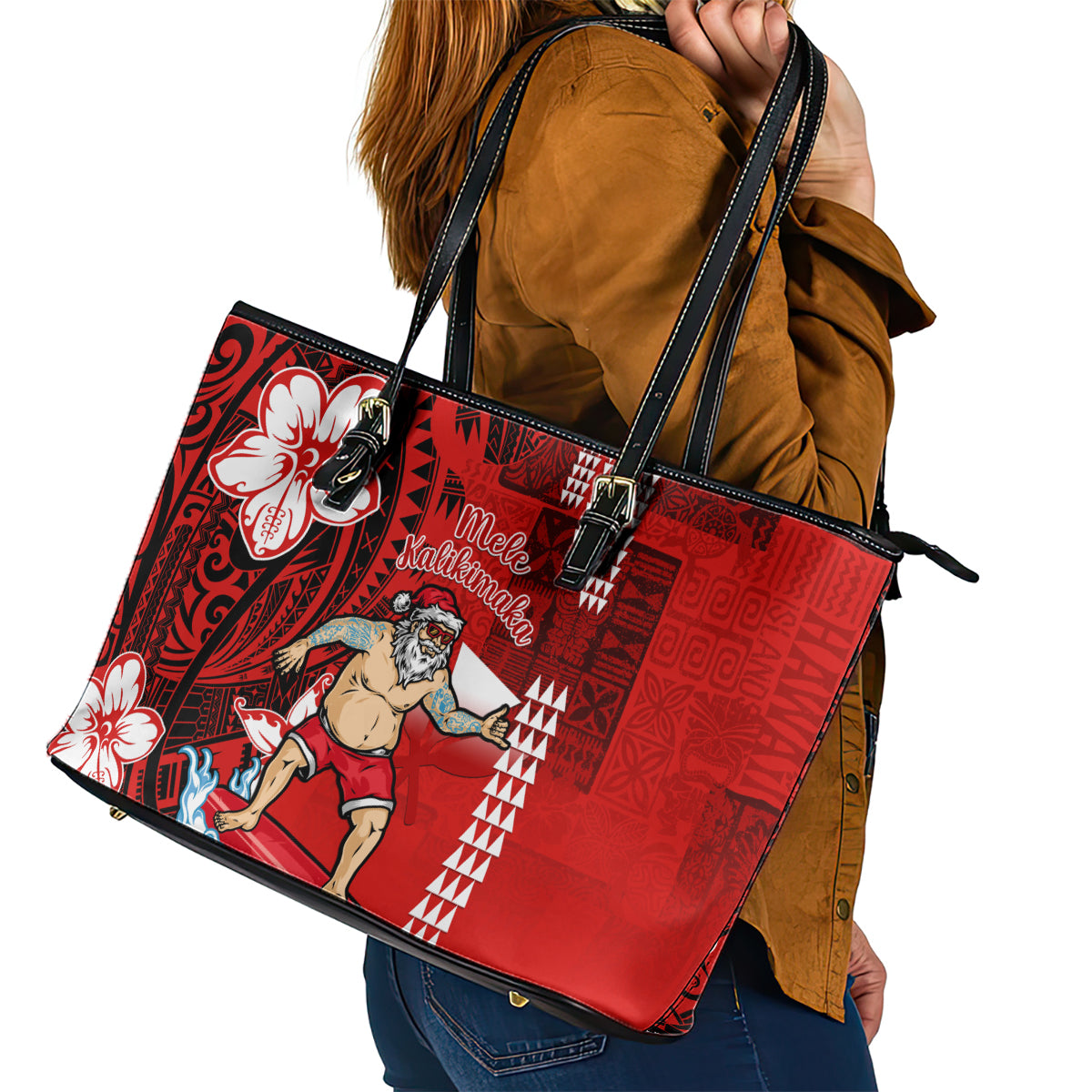 Personalised Hawaii Christmas Leather Tote Bag Mele Kalikimaka Surfing Santa Claus LT14