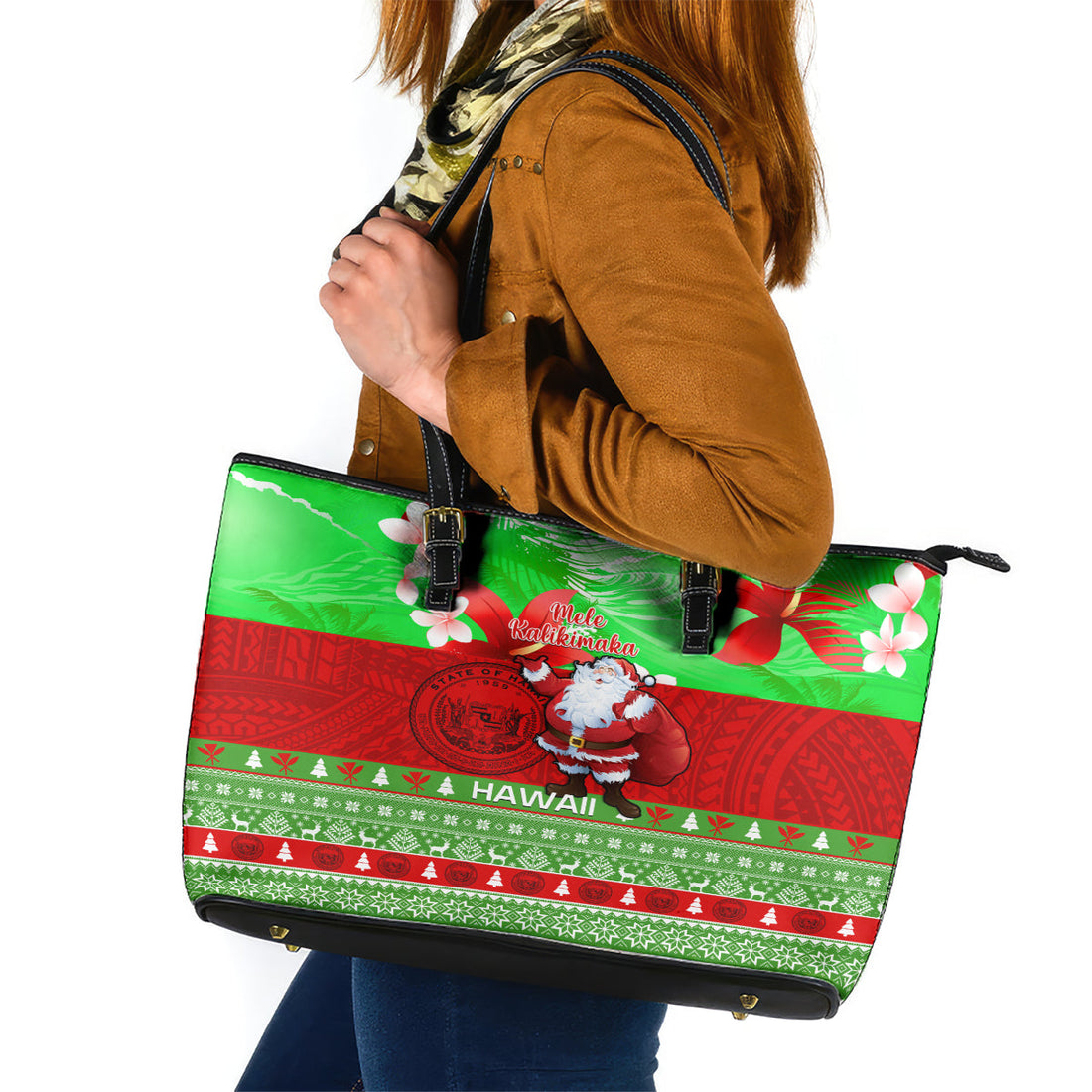 Personalised Hawaii Christmas Leather Tote Bag Mele Kalikimaka Hawaiian Santa Tropical Vibes LT14