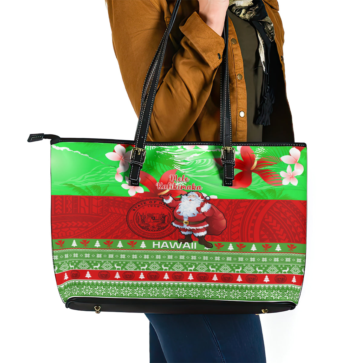 Personalised Hawaii Christmas Leather Tote Bag Mele Kalikimaka Hawaiian Santa Tropical Vibes LT14