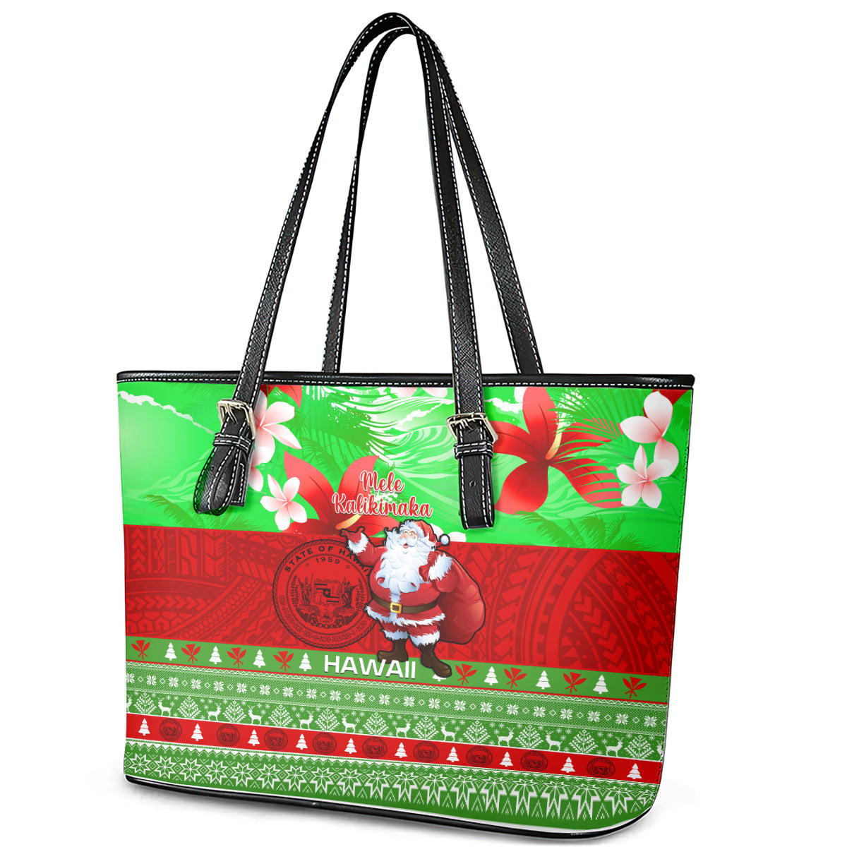 Personalised Hawaii Christmas Leather Tote Bag Mele Kalikimaka Hawaiian Santa Tropical Vibes LT14
