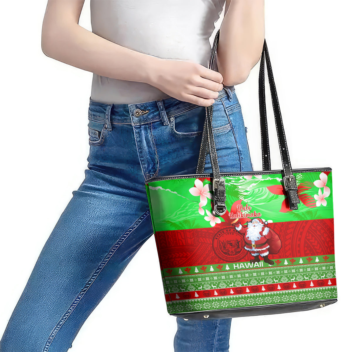 Personalised Hawaii Christmas Leather Tote Bag Mele Kalikimaka Hawaiian Santa Tropical Vibes LT14