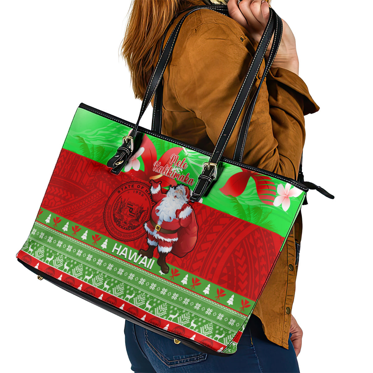 Personalised Hawaii Christmas Leather Tote Bag Mele Kalikimaka Hawaiian Santa Tropical Vibes LT14