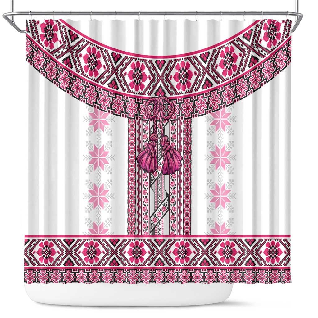 Ukraine Shower Curtain Traditional Braided Rope Belt Pink Folk Pattern LT14