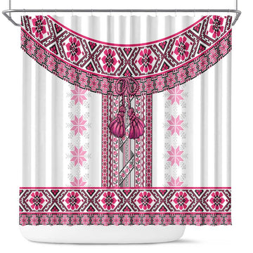 Ukraine Shower Curtain Traditional Braided Rope Belt Pink Folk Pattern LT14