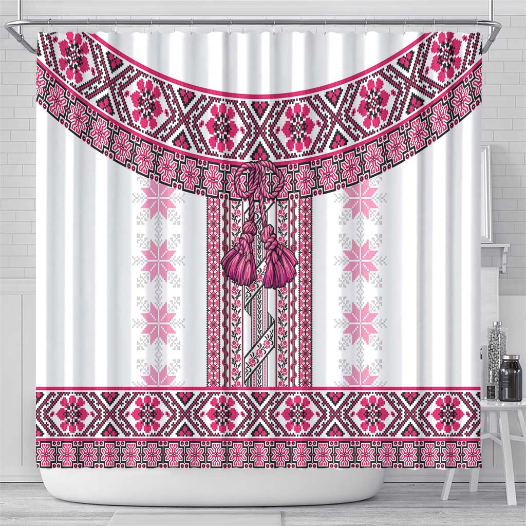 Ukraine Shower Curtain Traditional Braided Rope Belt Pink Folk Pattern LT14