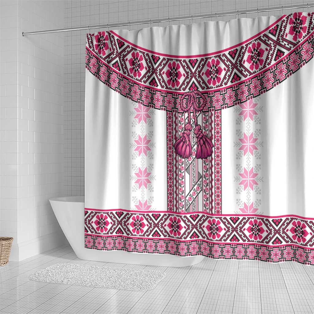 Ukraine Shower Curtain Traditional Braided Rope Belt Pink Folk Pattern LT14