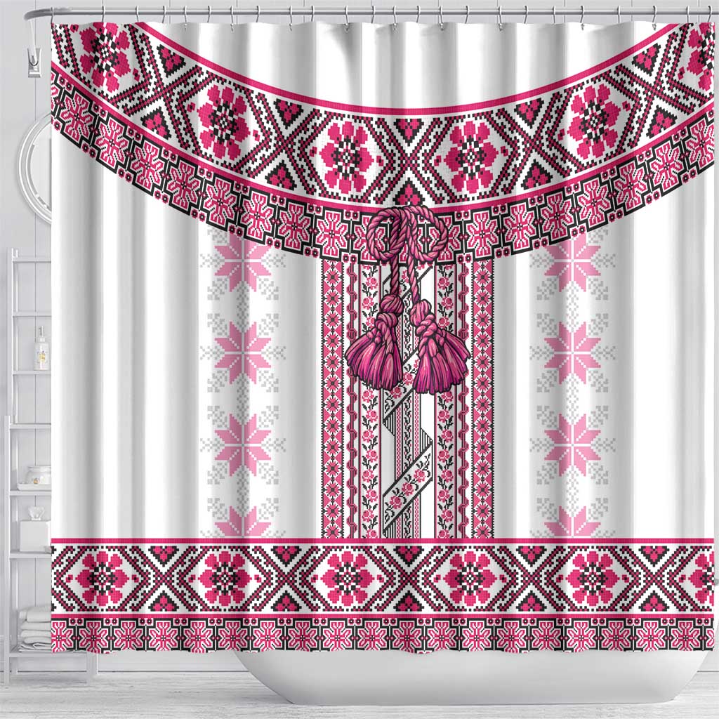 Ukraine Shower Curtain Traditional Braided Rope Belt Pink Folk Pattern LT14