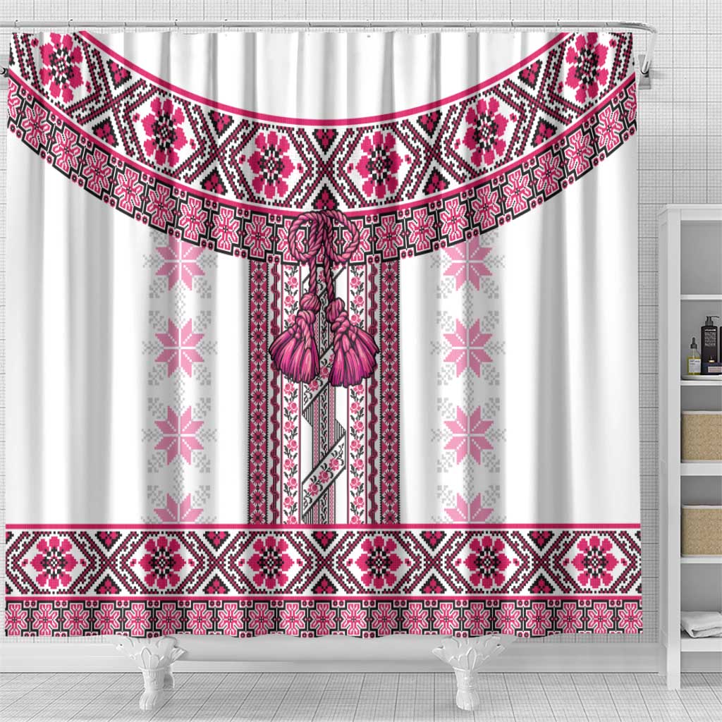 Ukraine Shower Curtain Traditional Braided Rope Belt Pink Folk Pattern LT14