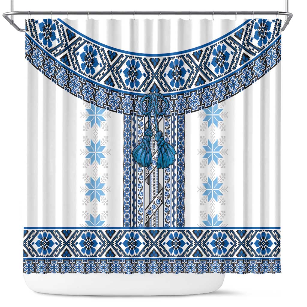 Ukraine Shower Curtain Traditional Braided Rope Belt Blue Folk Pattern LT14