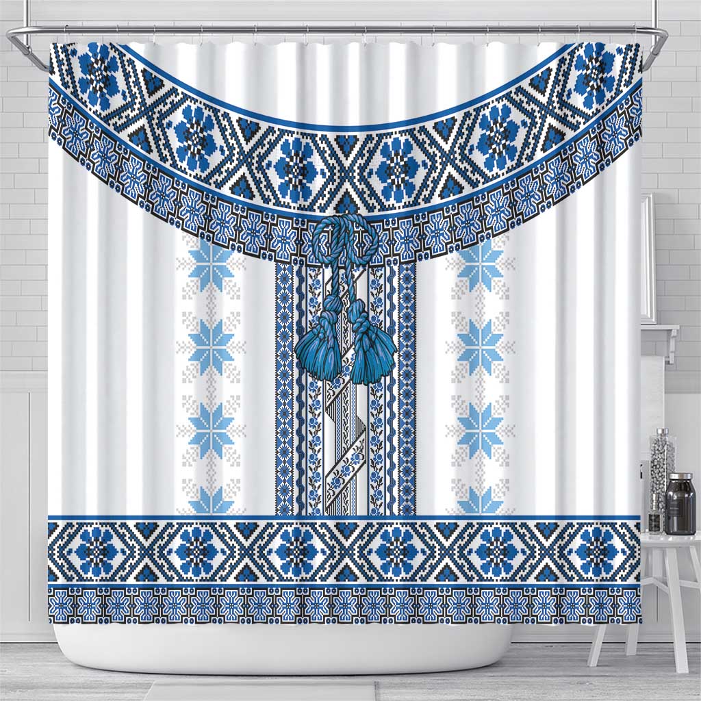 Ukraine Shower Curtain Traditional Braided Rope Belt Blue Folk Pattern LT14