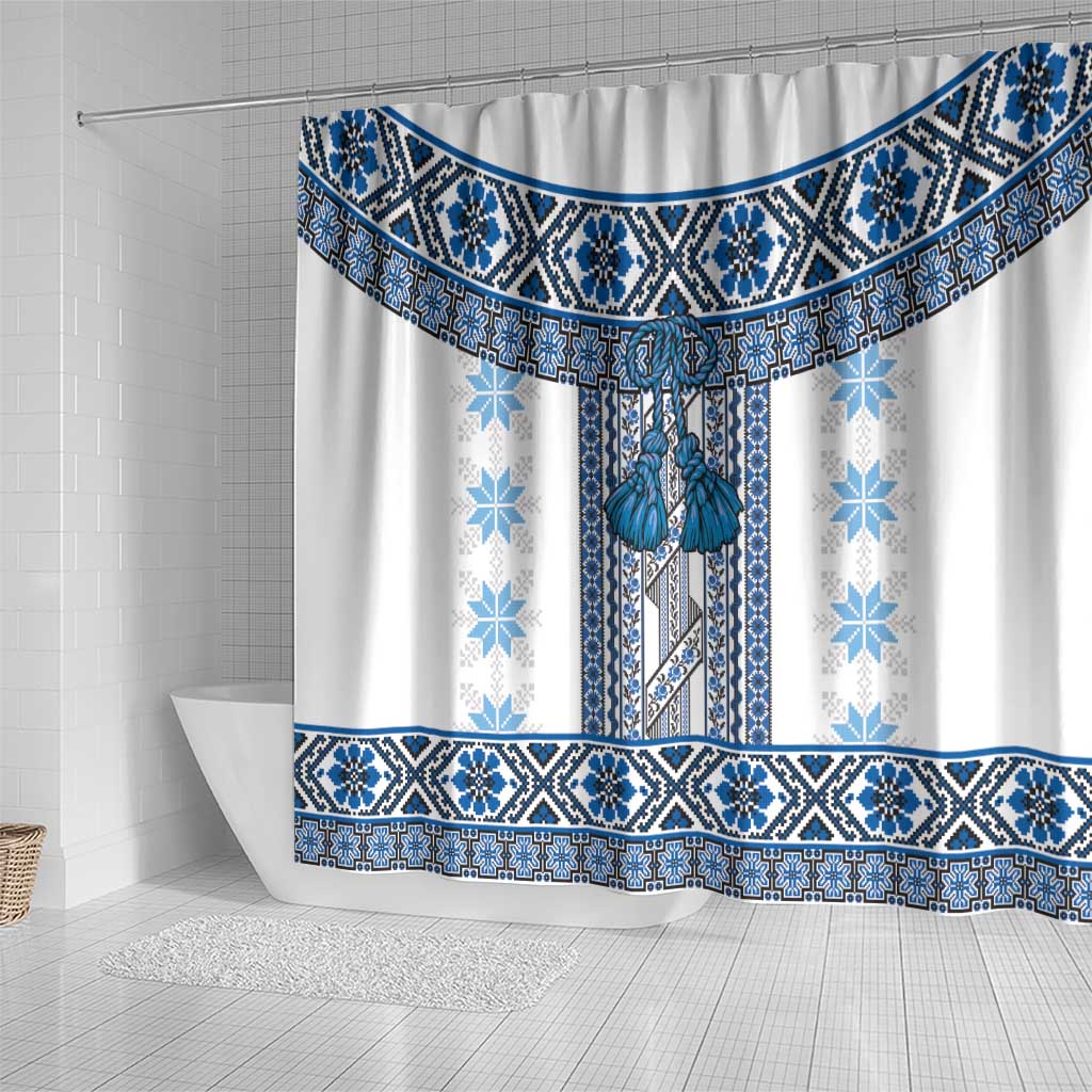 Ukraine Shower Curtain Traditional Braided Rope Belt Blue Folk Pattern LT14