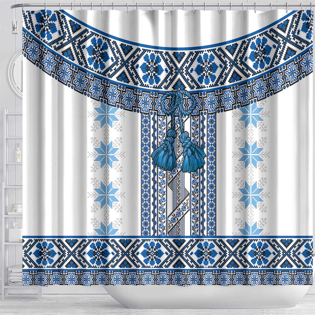 Ukraine Shower Curtain Traditional Braided Rope Belt Blue Folk Pattern LT14