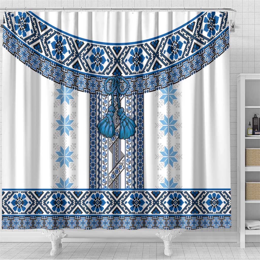 Ukraine Shower Curtain Traditional Braided Rope Belt Blue Folk Pattern LT14