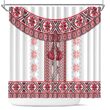 Ukraine Shower Curtain Traditional Braided Rope Belt Red Folk Pattern LT14