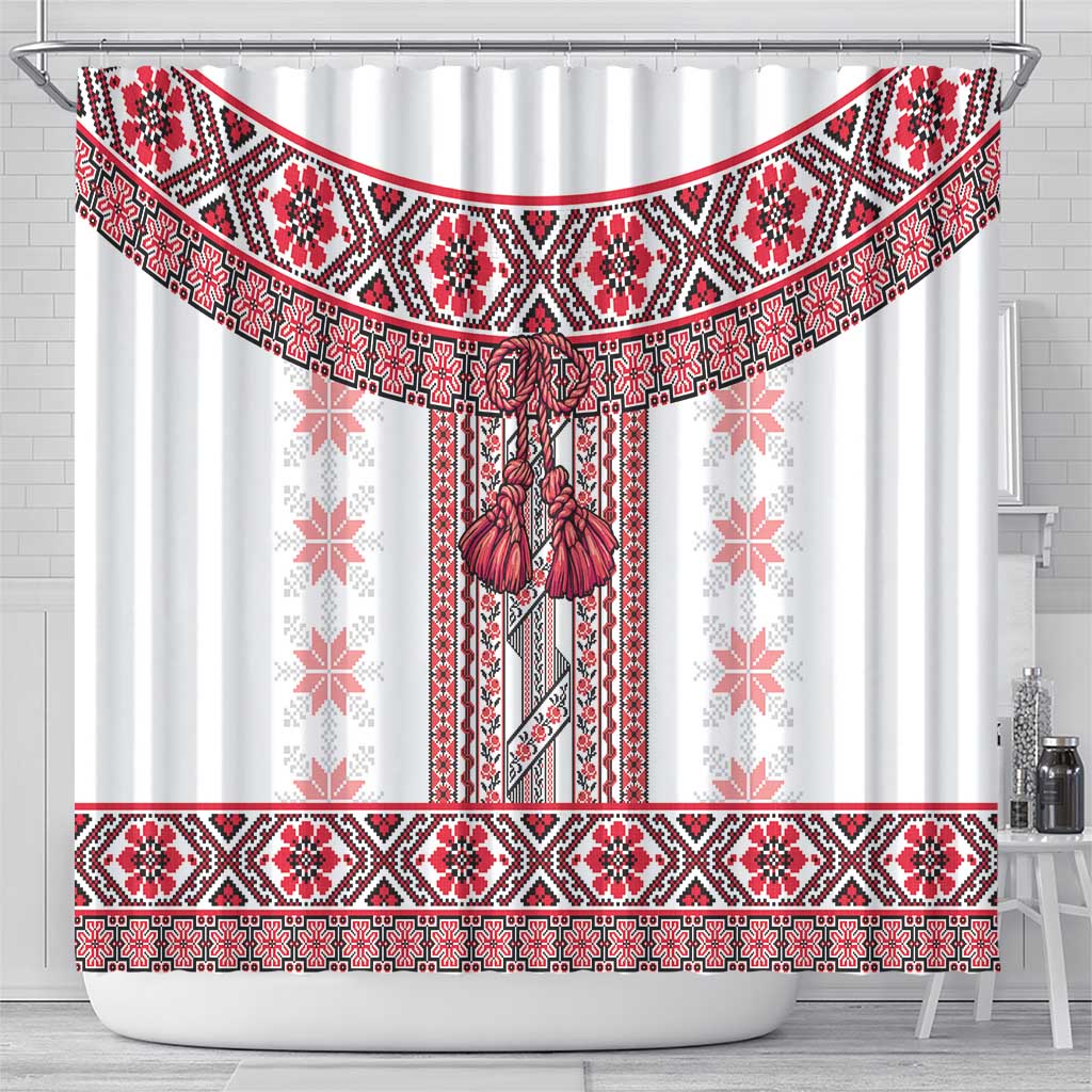 Ukraine Shower Curtain Traditional Braided Rope Belt Red Folk Pattern LT14