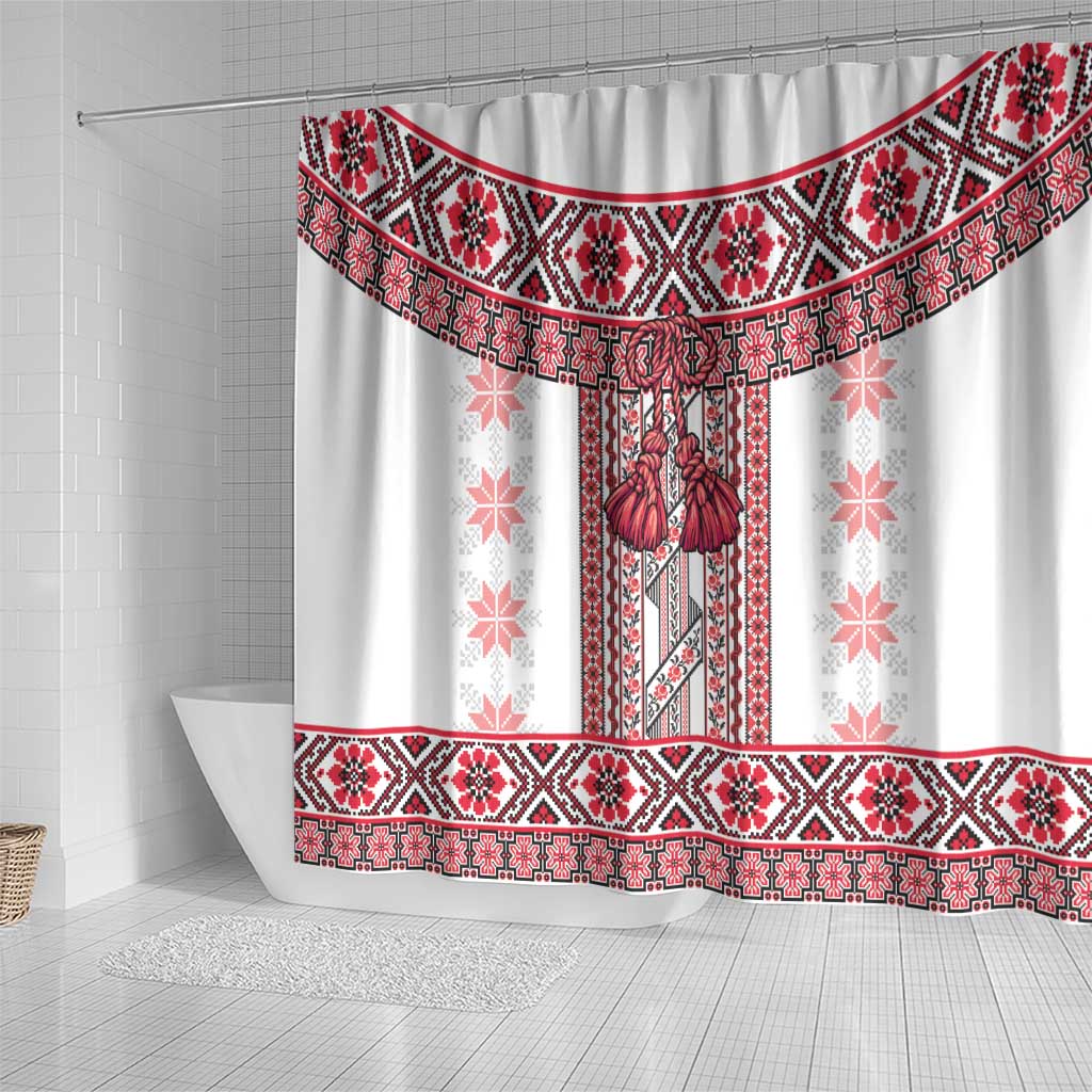 Ukraine Shower Curtain Traditional Braided Rope Belt Red Folk Pattern LT14