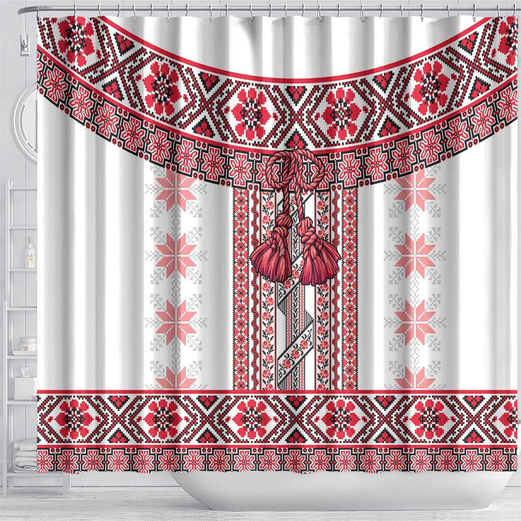 Ukraine Shower Curtain Traditional Braided Rope Belt Red Folk Pattern LT14