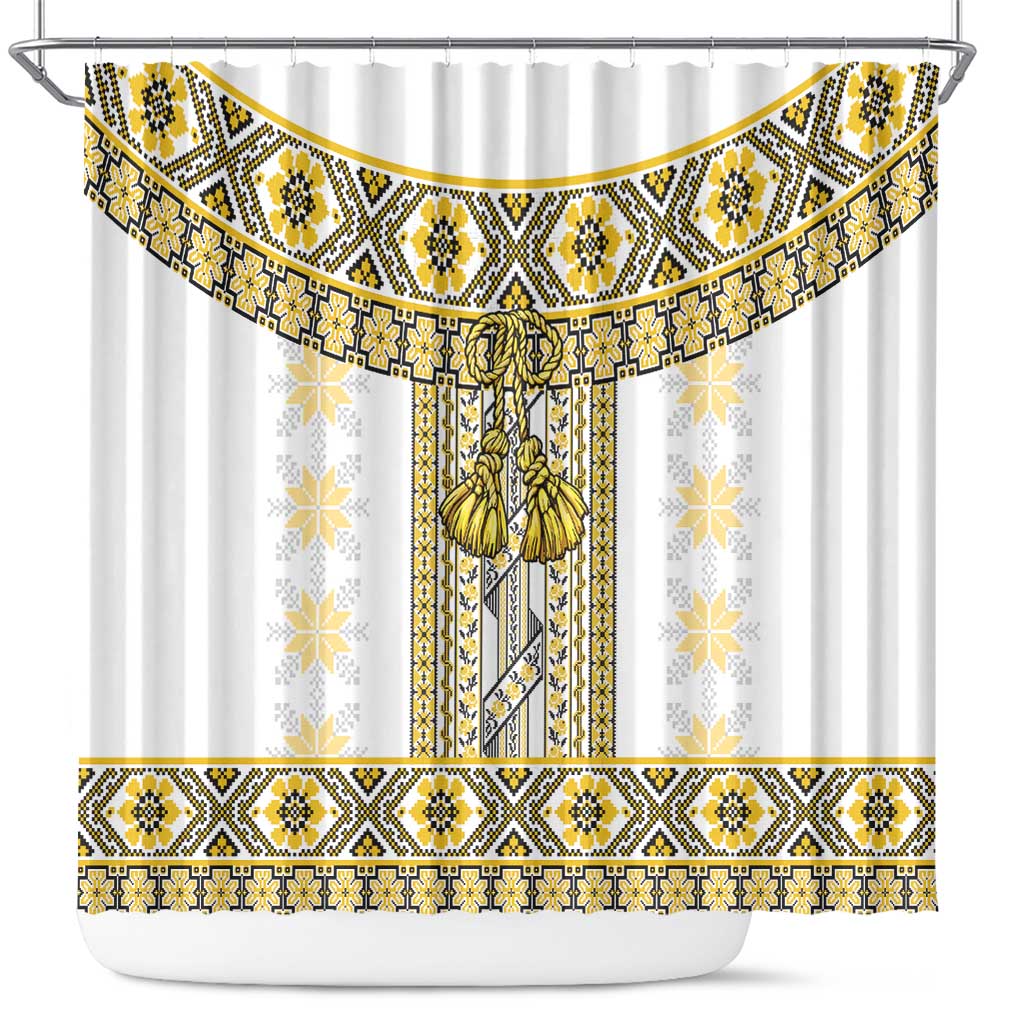 Ukraine Shower Curtain Traditional Braided Rope Belt Yellow Folk Pattern LT14