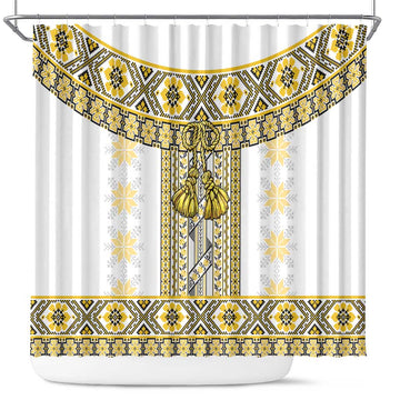 Ukraine Shower Curtain Traditional Braided Rope Belt Yellow Folk Pattern LT14