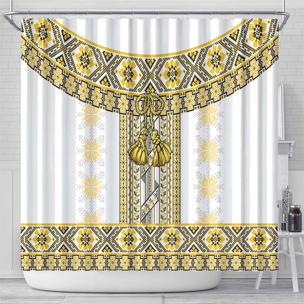 Ukraine Shower Curtain Traditional Braided Rope Belt Yellow Folk Pattern LT14