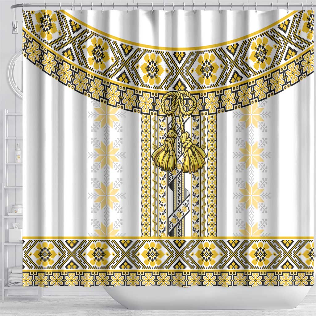 Ukraine Shower Curtain Traditional Braided Rope Belt Yellow Folk Pattern LT14