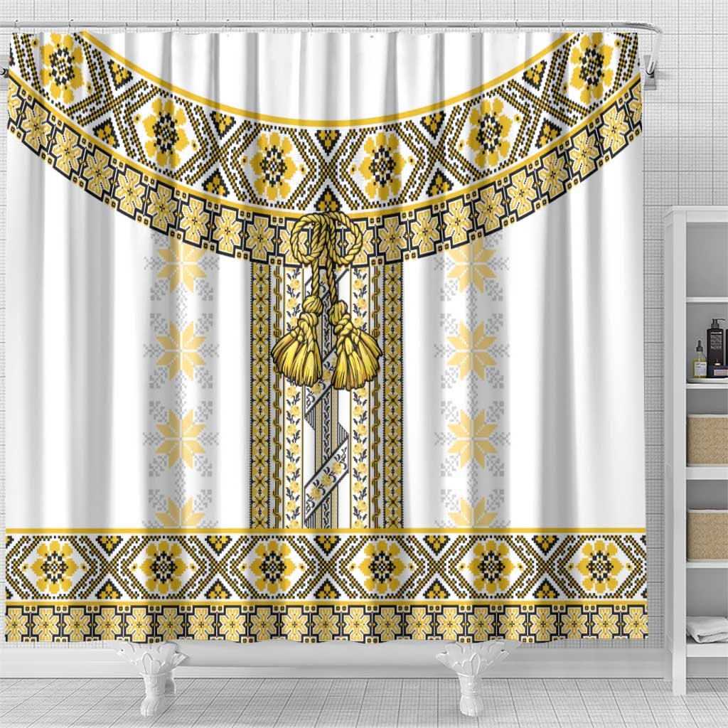 Ukraine Shower Curtain Traditional Braided Rope Belt Yellow Folk Pattern LT14