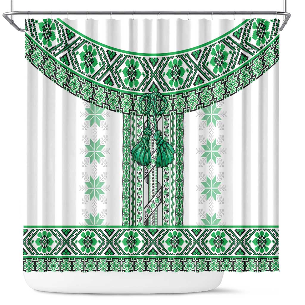 Ukraine Shower Curtain Traditional Braided Rope Belt Green Folk Pattern LT14