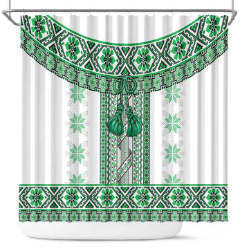 Ukraine Shower Curtain Traditional Braided Rope Belt Green Folk Pattern LT14
