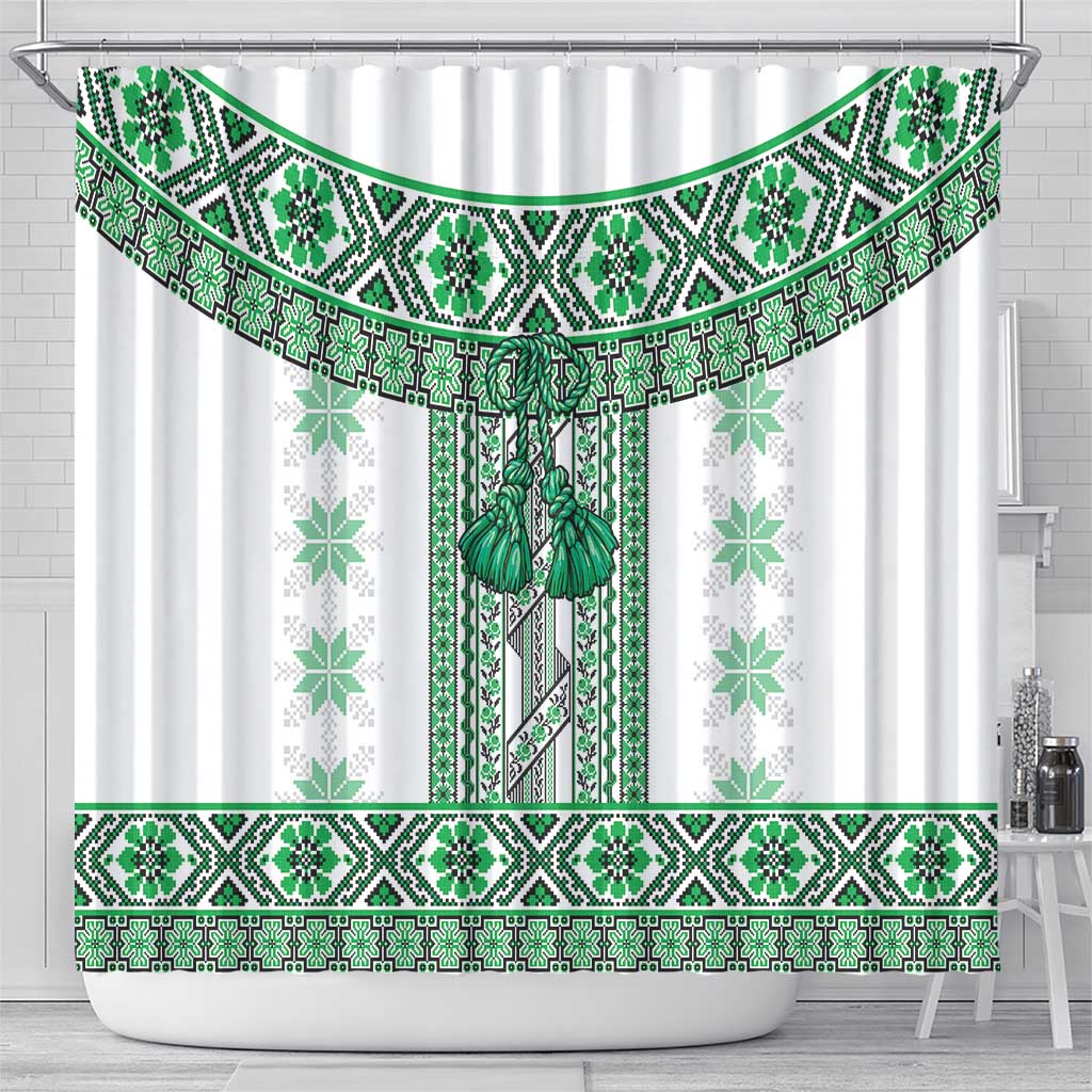 Ukraine Shower Curtain Traditional Braided Rope Belt Green Folk Pattern LT14