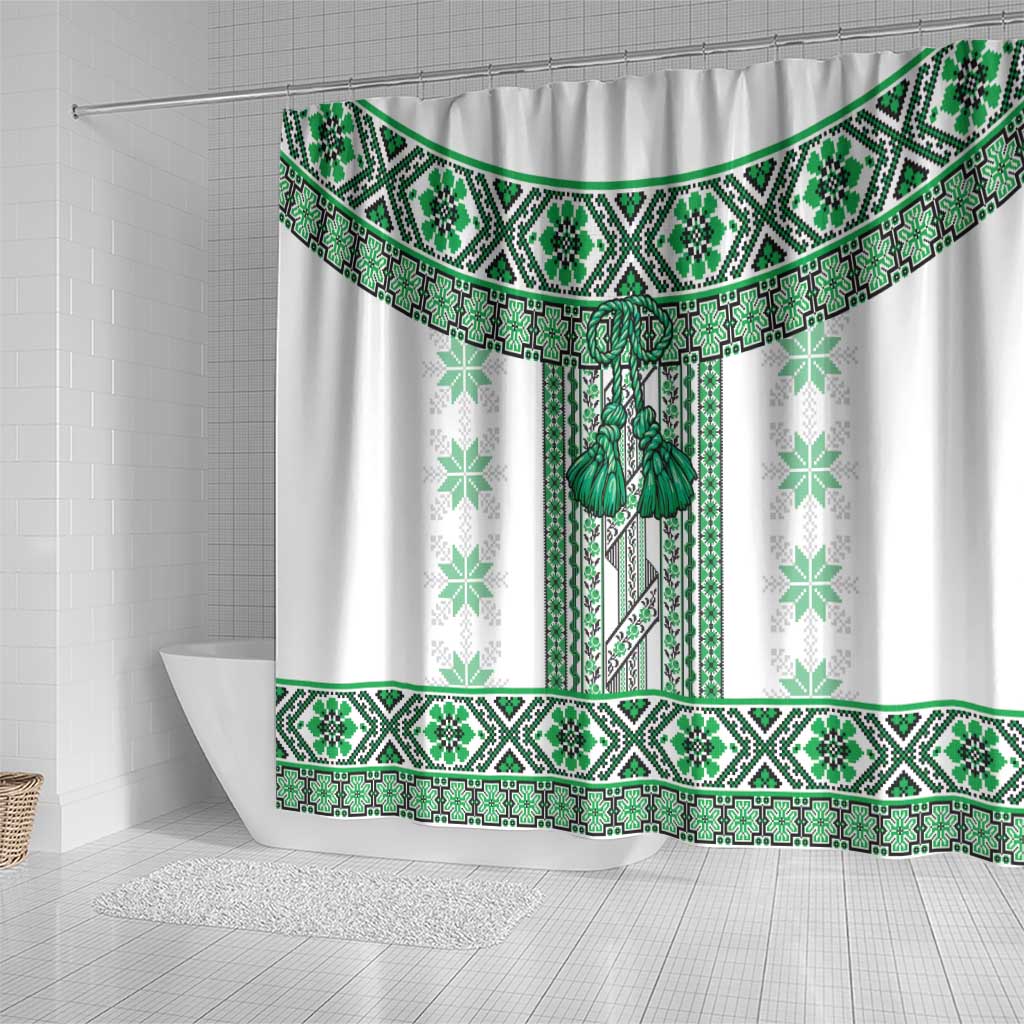 Ukraine Shower Curtain Traditional Braided Rope Belt Green Folk Pattern LT14