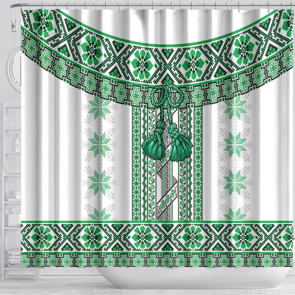 Ukraine Shower Curtain Traditional Braided Rope Belt Green Folk Pattern LT14