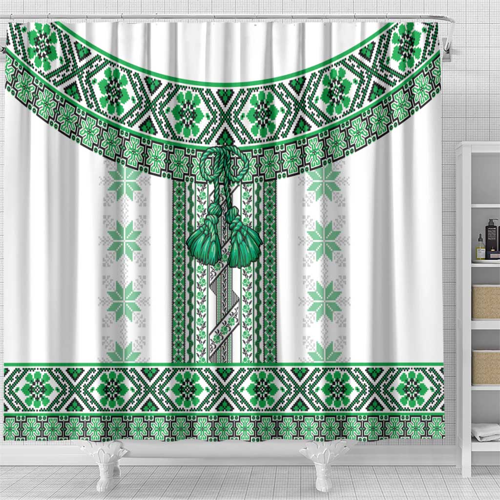Ukraine Shower Curtain Traditional Braided Rope Belt Green Folk Pattern LT14