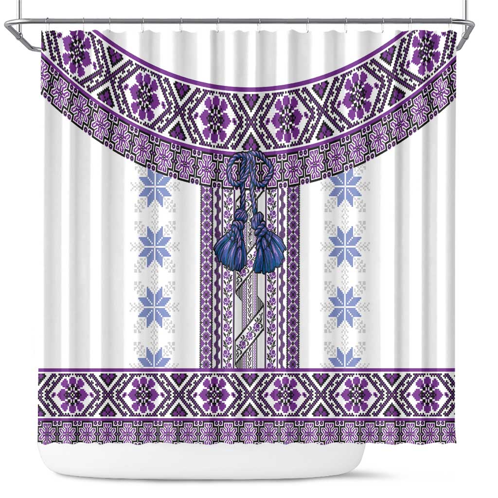 Ukraine Shower Curtain Traditional Braided Rope Belt Purple Folk Pattern LT14
