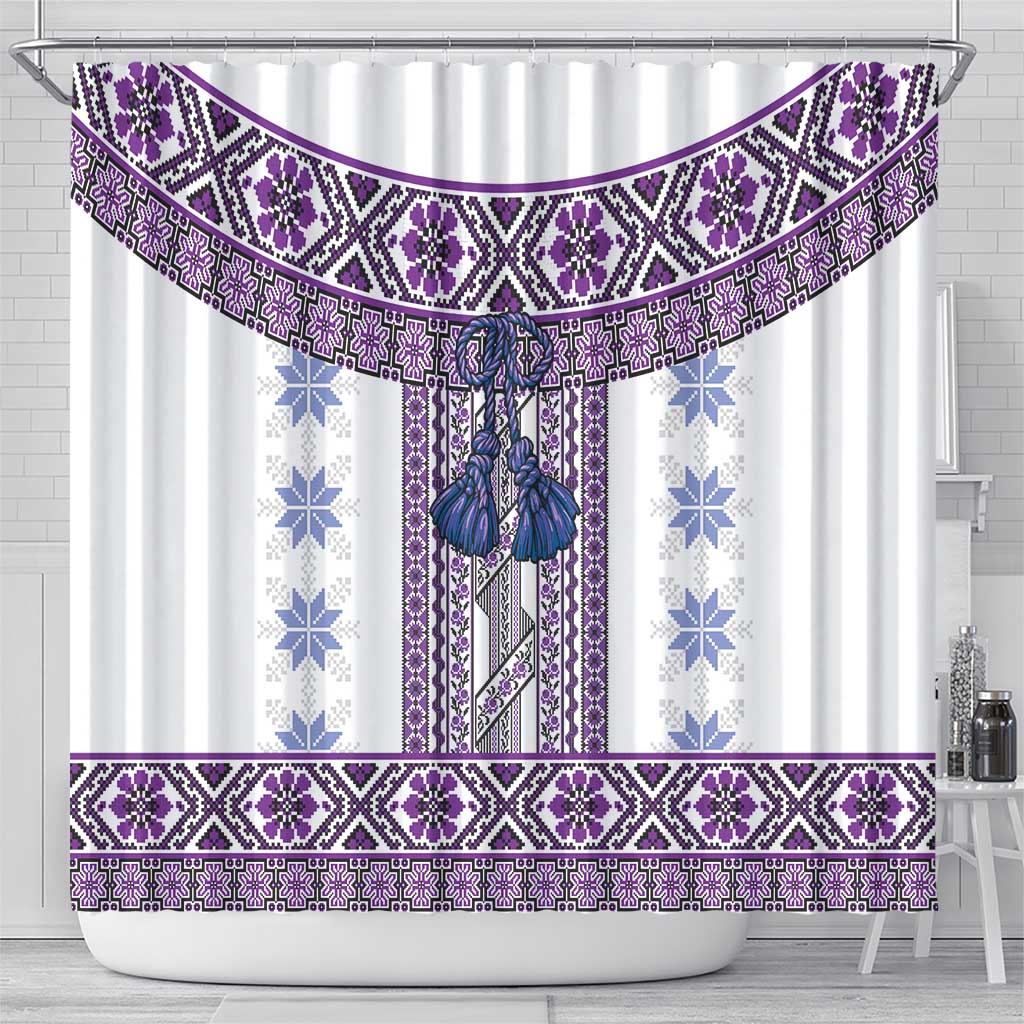 Ukraine Shower Curtain Traditional Braided Rope Belt Purple Folk Pattern LT14