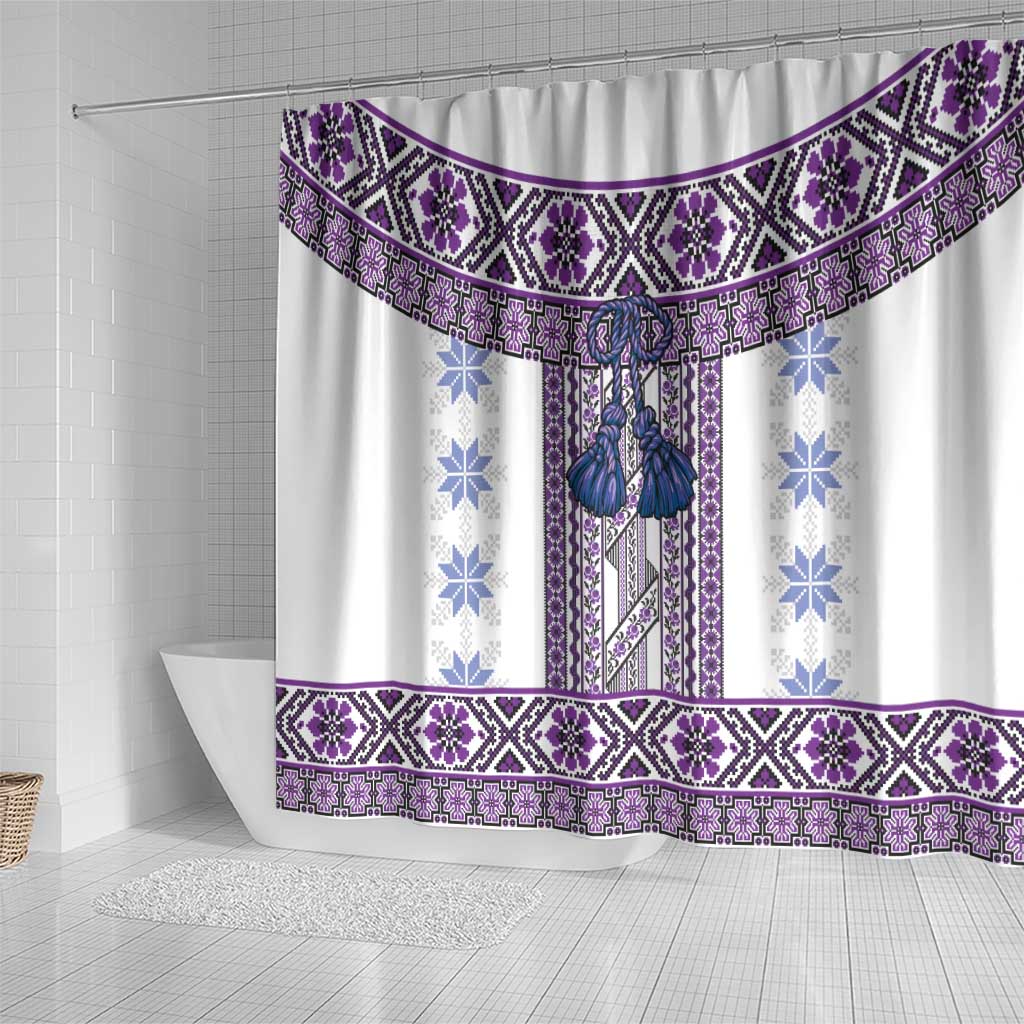 Ukraine Shower Curtain Traditional Braided Rope Belt Purple Folk Pattern LT14
