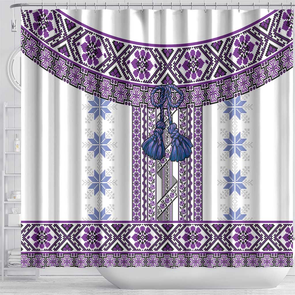 Ukraine Shower Curtain Traditional Braided Rope Belt Purple Folk Pattern LT14