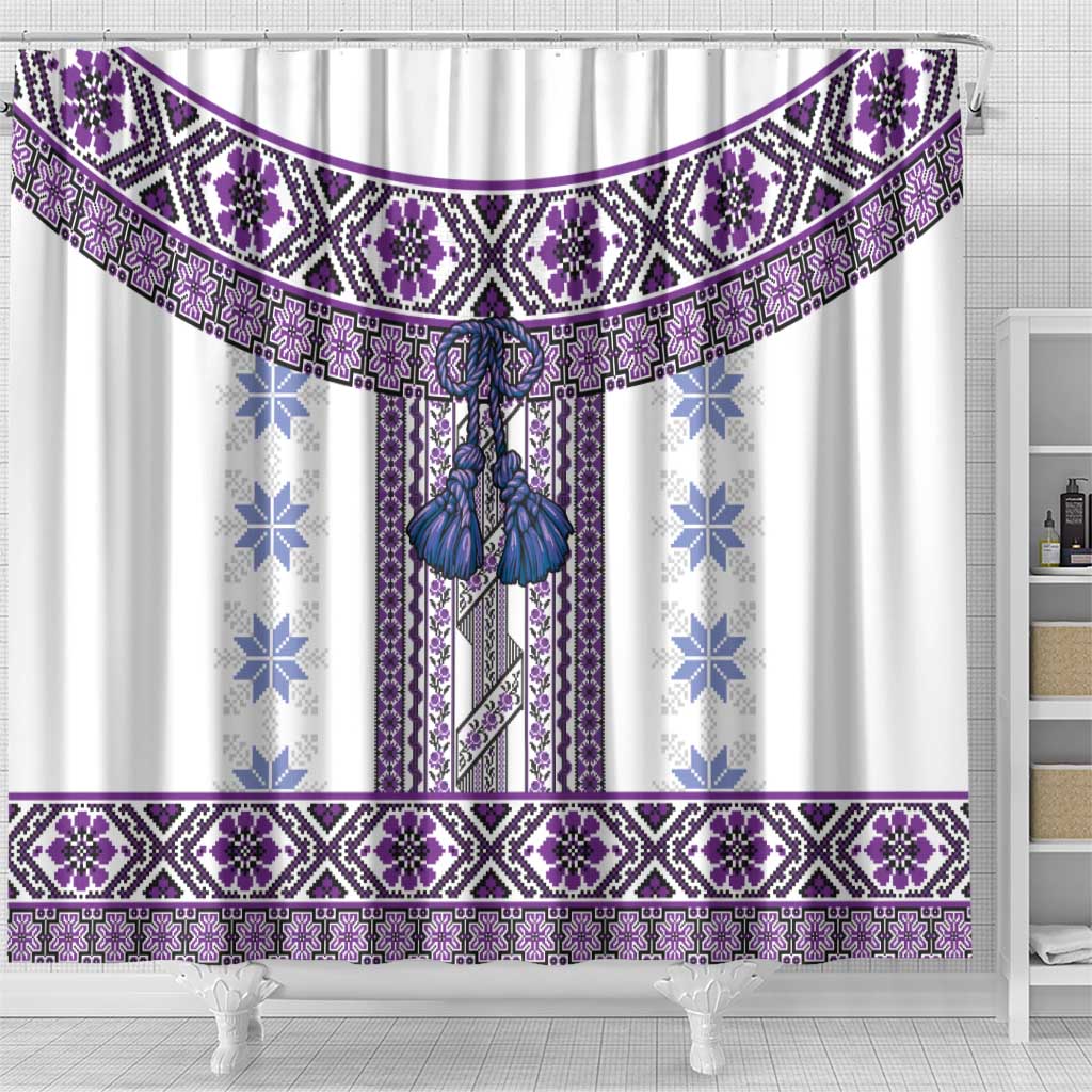 Ukraine Shower Curtain Traditional Braided Rope Belt Purple Folk Pattern LT14