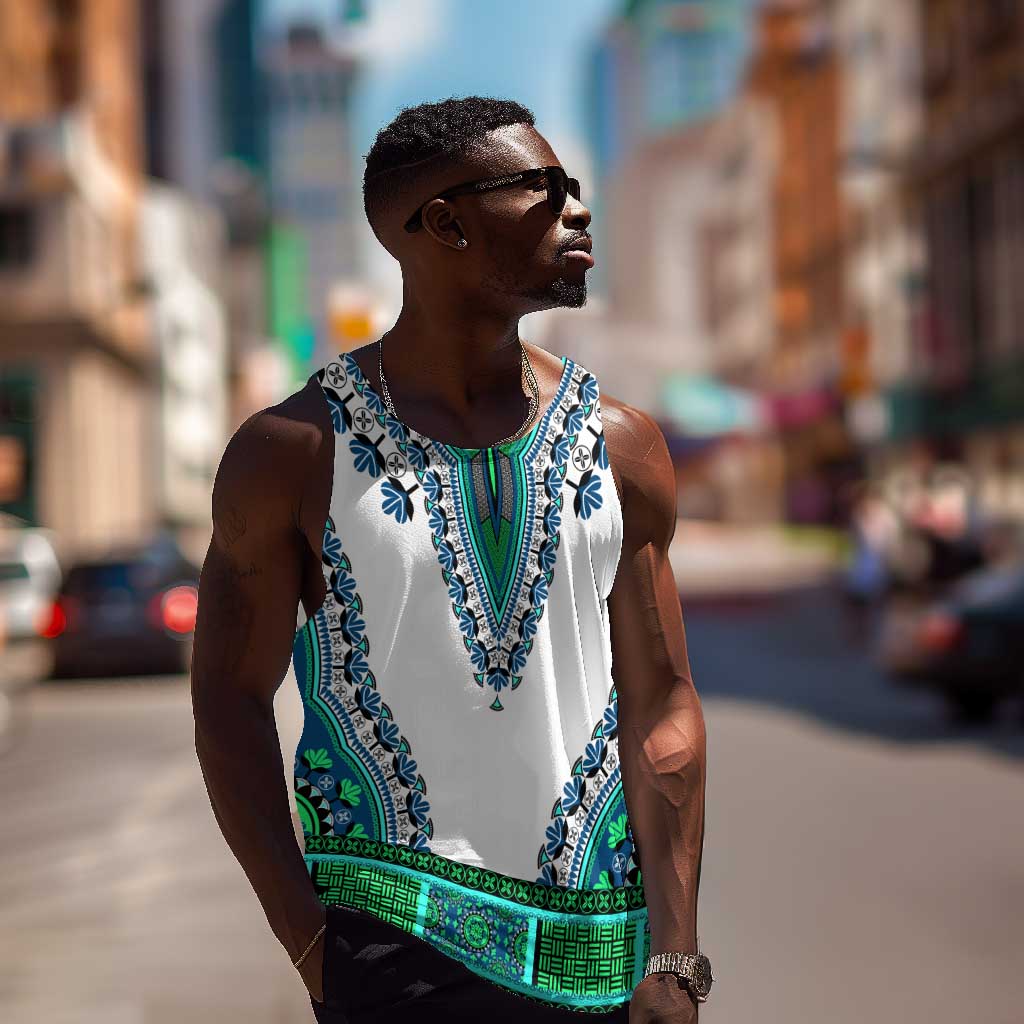 Africa Men Tank Top African Dashiki Royal Turquoise Version LT14