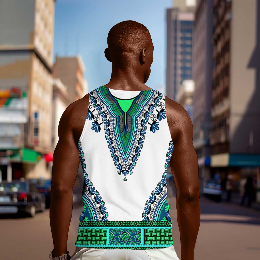 Africa Men Tank Top African Dashiki Royal Turquoise Version LT14