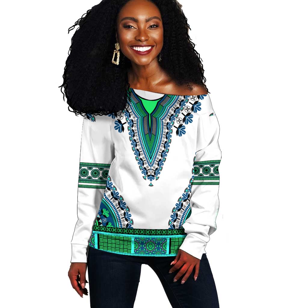 Africa Off Shoulder Sweater African Dashiki Royal Turquoise Version LT14