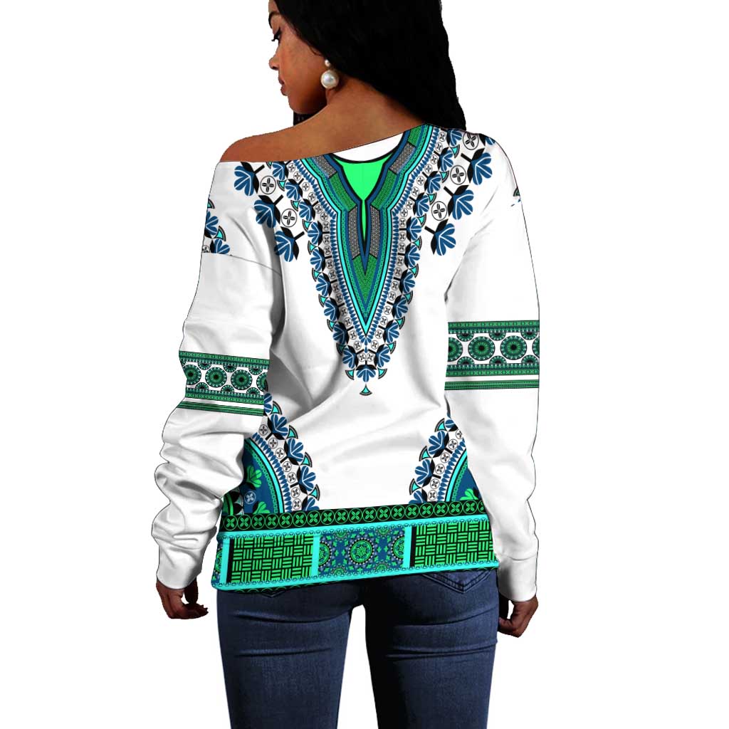 Africa Off Shoulder Sweater African Dashiki Royal Turquoise Version LT14