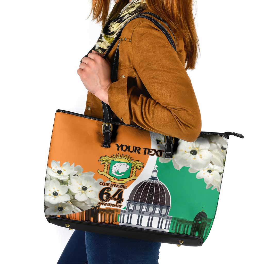 Personalized Ivory Coast Independence Day Leather Tote Bag Ornithogalum Arabicum Happy 64 Years Anniversary LT14