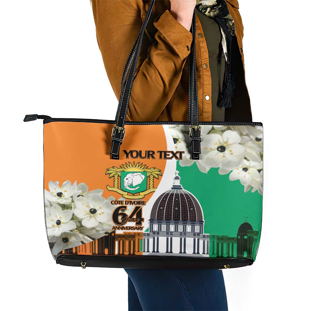 Personalized Ivory Coast Independence Day Leather Tote Bag Ornithogalum Arabicum Happy 64 Years Anniversary LT14